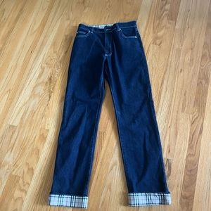 Burberry High Rise Jeans w/ Plaid Cuffed Hem